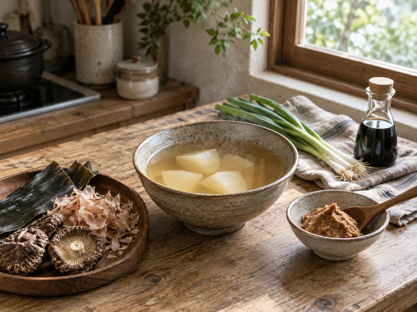 自然光下的家常高湯、昆布、香菇與調味食材情境照