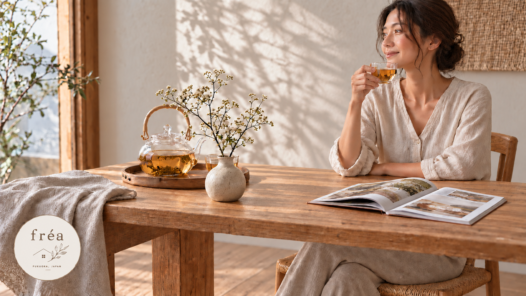 女性在日光下手持玻璃茶杯，木桌上陳列茶器，左下角為 fréa 標誌